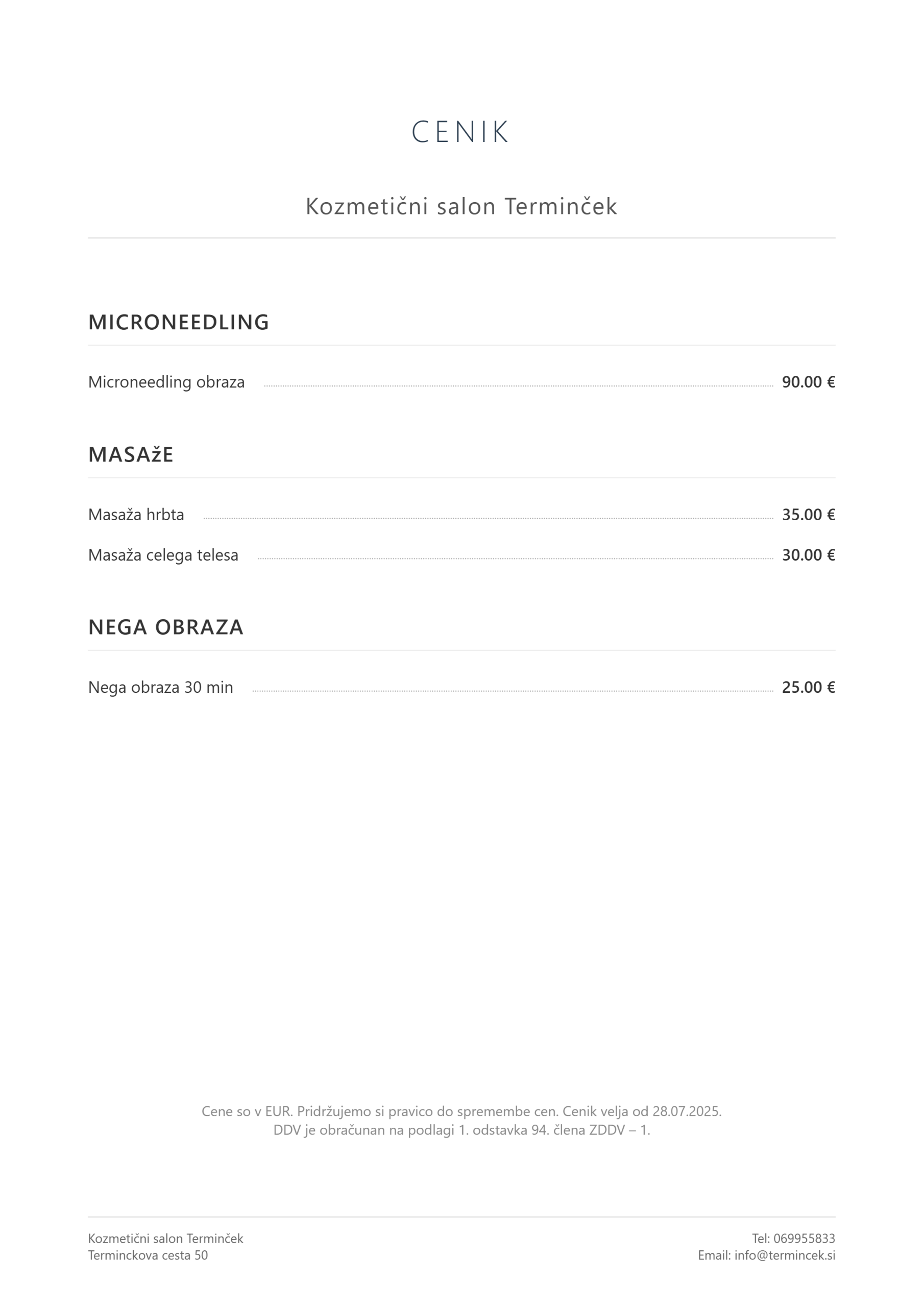 Avtomatsko generiran cenik - primer Termincek.si